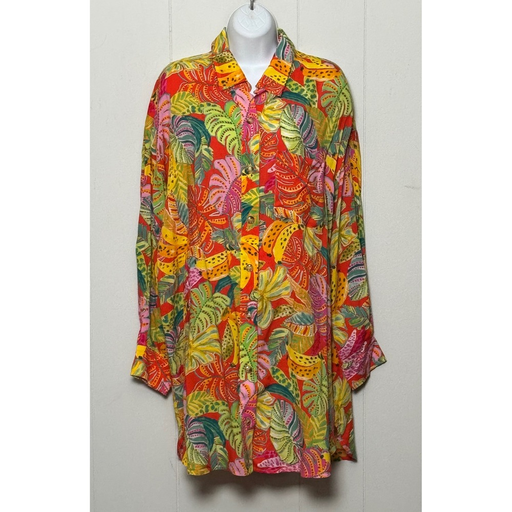 VICI Tropical Banana Monstera Leaf Print Button Down Shirt Red Yellow Sz Medium